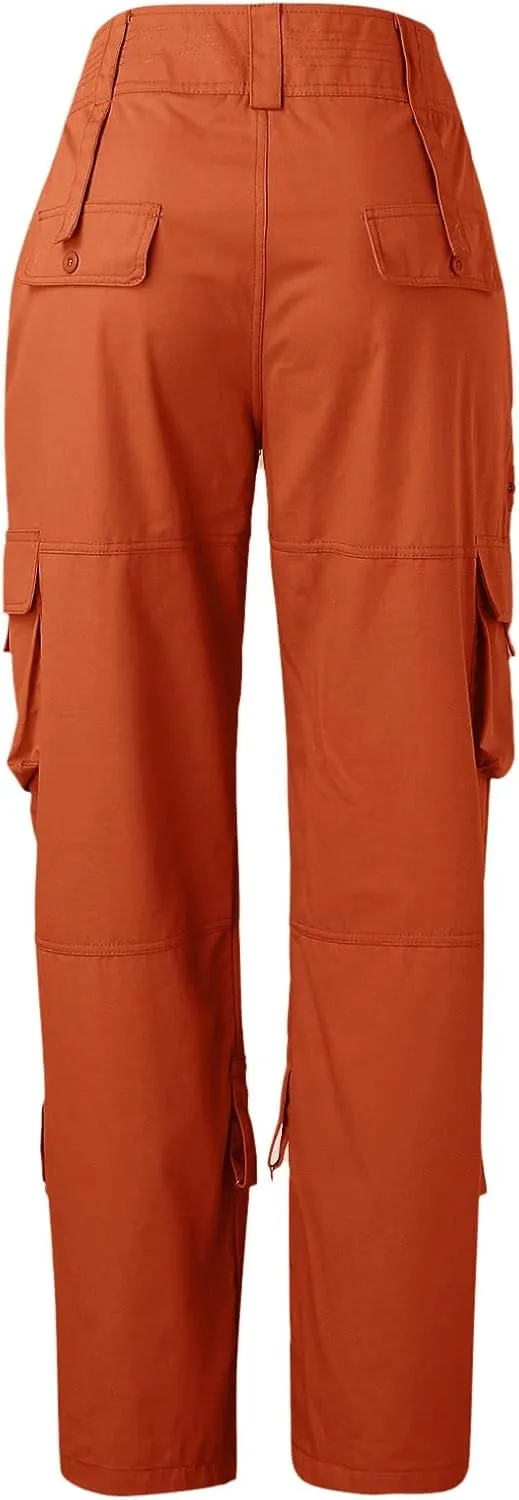 YOLAI Womens Low Waist Cargo Pants Outdoor Casual Camo Overalls Trousers Hip Hop Straight Leg Pant with Multi Pocket (Orange, M)