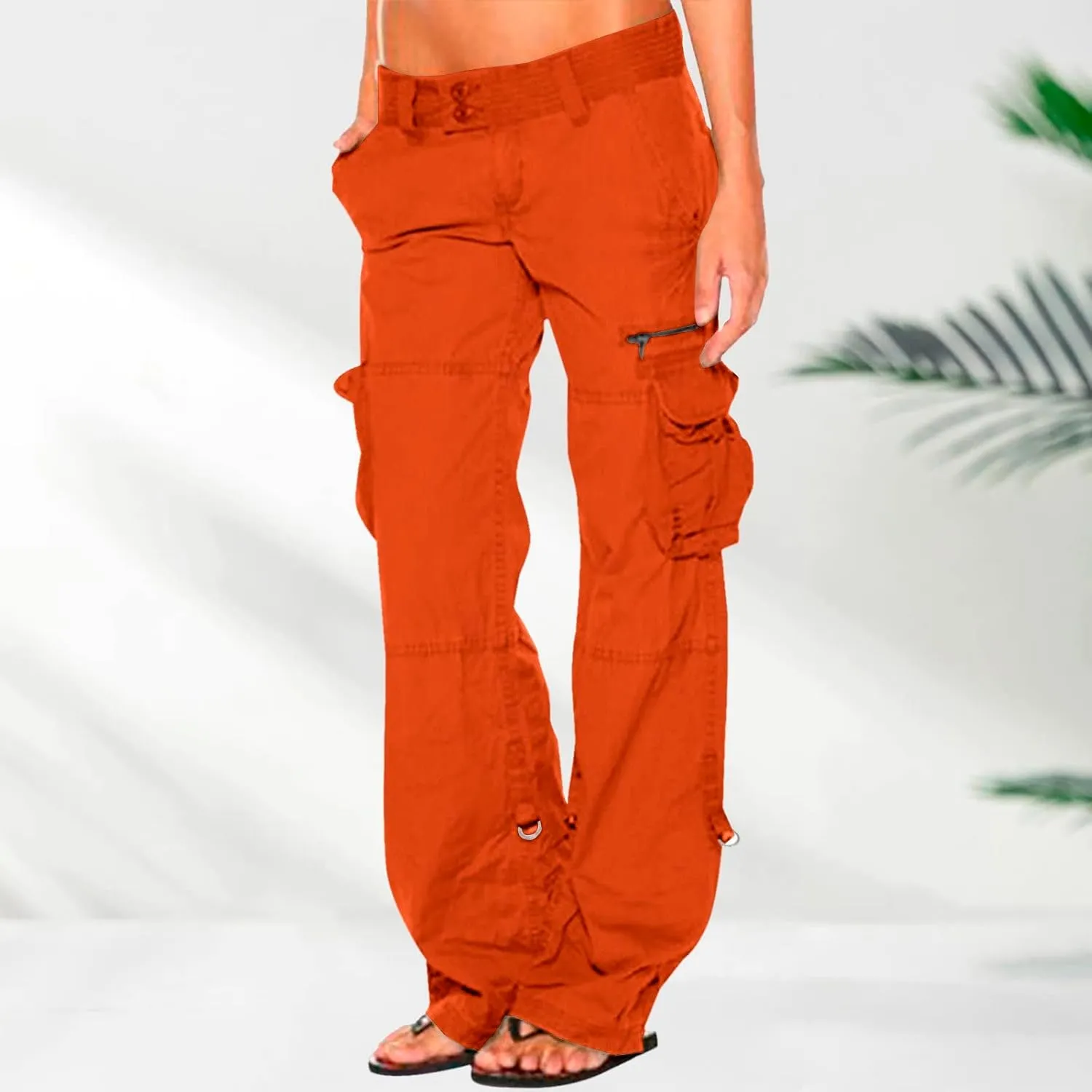 YOLAI Womens Low Waist Cargo Pants Outdoor Casual Camo Overalls Trousers Hip Hop Straight Leg Pant with Multi Pocket (Orange, M)