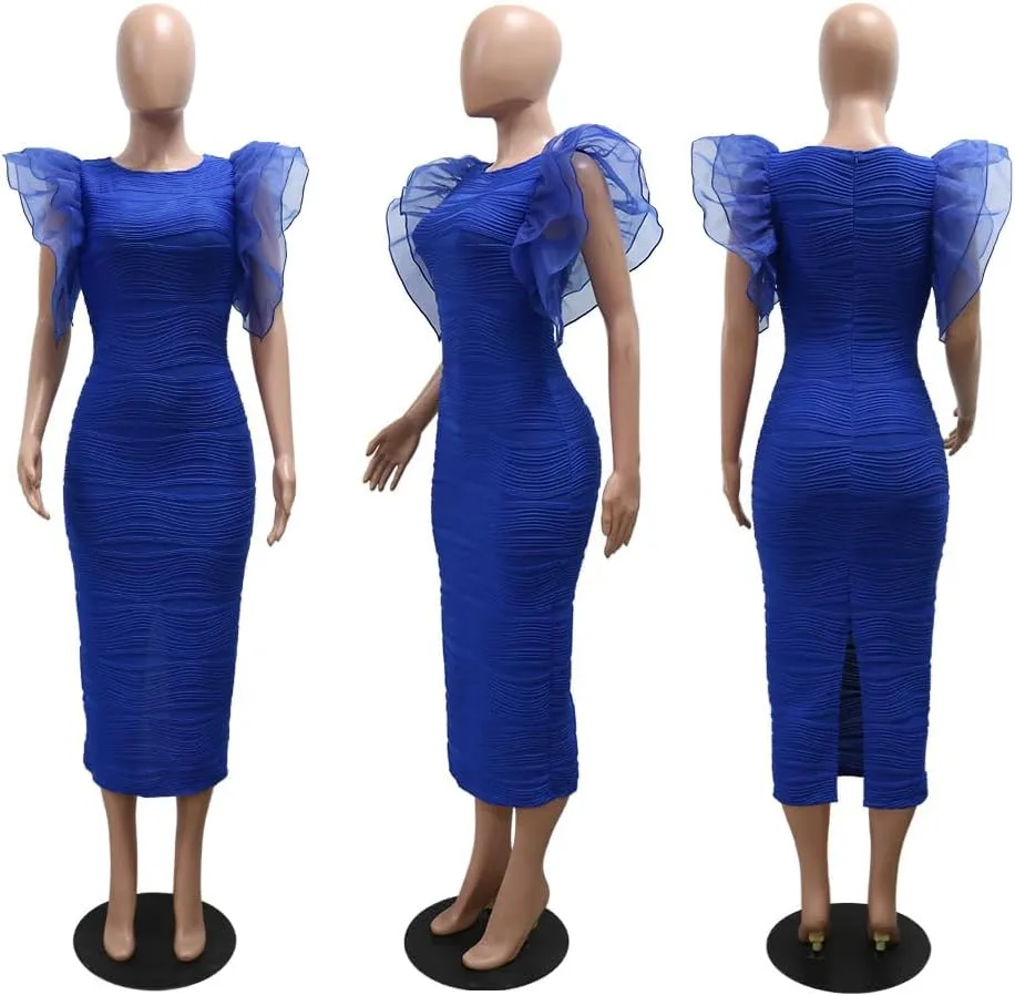 Yuopeid Women's Elegant Crewneck Ruffle Sleeve Back Slit Bodycon Office Cocktail Prom Party Midi Wrap Dress