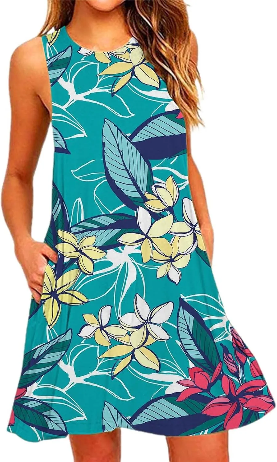 ZYXTIM Women's Summer Boho Dress Floral Print Sleeveless Square Neck Shirred Mini Dress Hawaiian Beach Sun Dress with Pockets