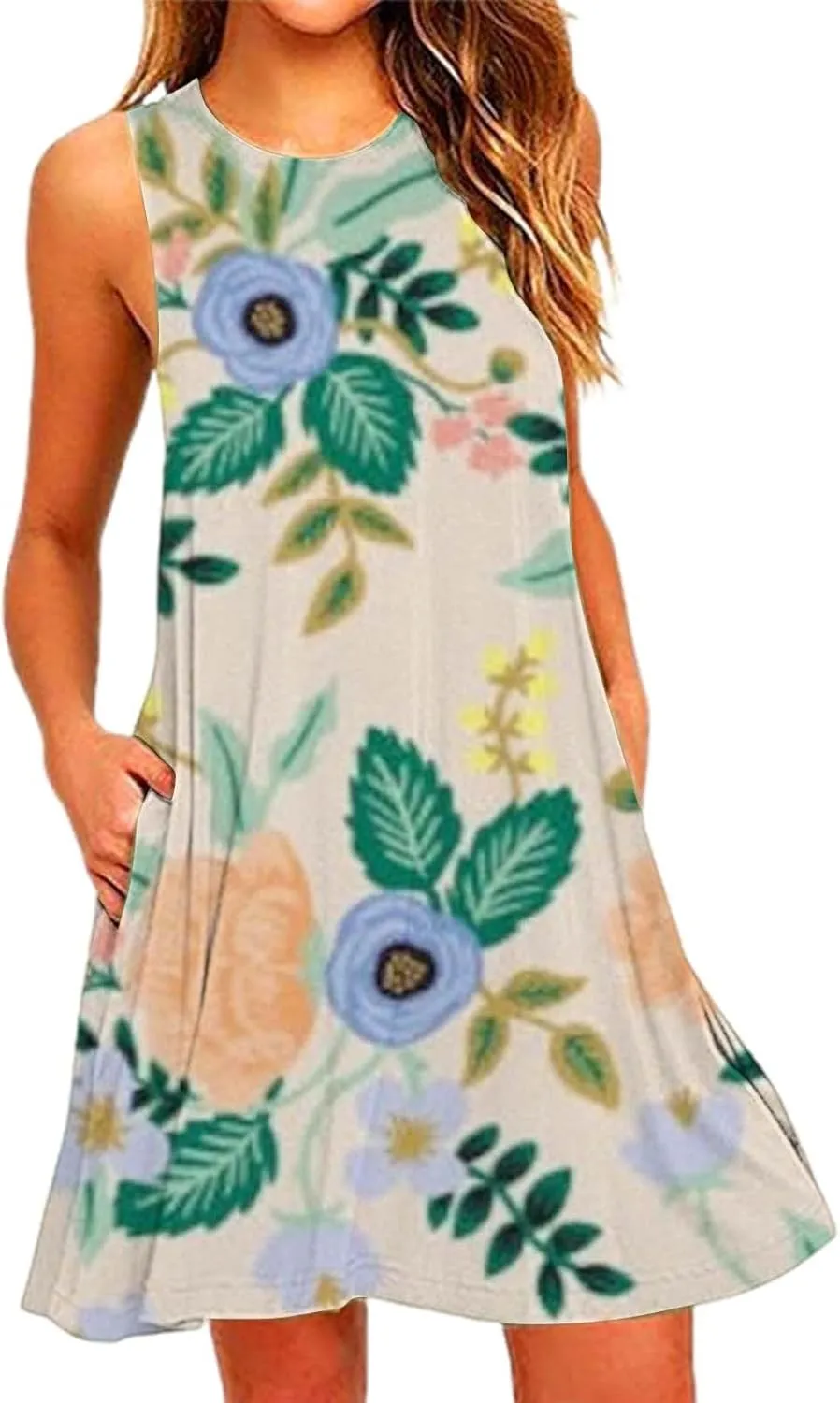 ZYXTIM Women's Summer Boho Dress Floral Print Sleeveless Square Neck Shirred Mini Dress Hawaiian Beach Sun Dress with Pockets