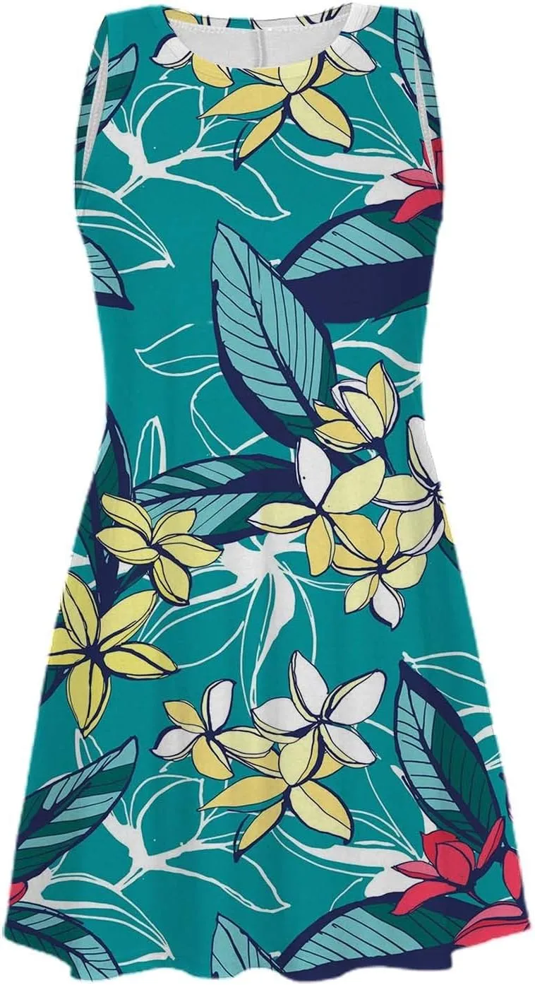 ZYXTIM Women's Summer Boho Dress Floral Print Sleeveless Square Neck Shirred Mini Dress Hawaiian Beach Sun Dress with Pockets