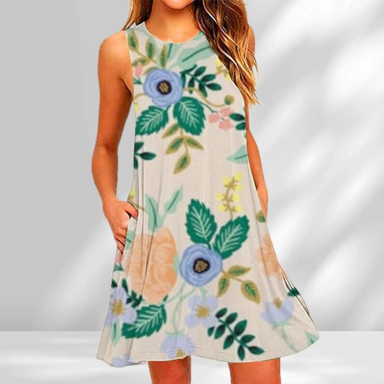 ZYXTIM Women's Summer Boho Dress Floral Print Sleeveless Square Neck Shirred Mini Dress Hawaiian Beach Sun Dress with Pockets