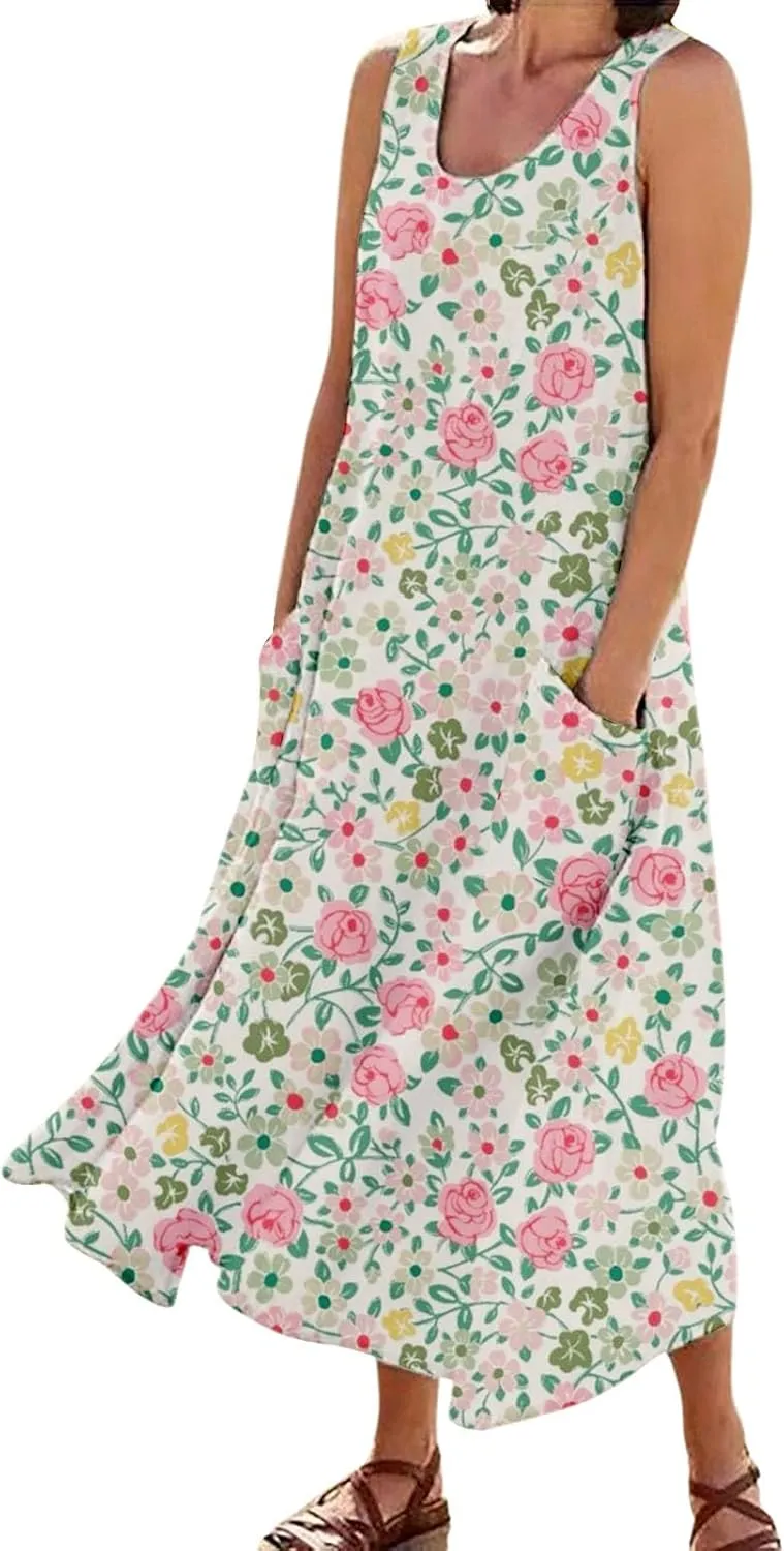 ZYXTIM Women's Summer Maxi Dress Floral Print Sleeveless Bohemian Beach Dress Cover Up Travel Vacation Long Dress with Pocket